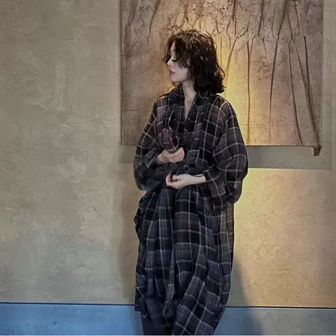 Women Retro Purple Plaid Ramie Sun Protection Jacket Long Loose Lightweight Thin Sheer Open Front Summer Outerwear Cardigan
