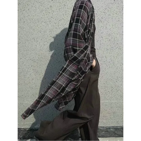 Women Retro Purple Plaid Ramie Sun Protection Jacket Long Loose Lightweight Thin Sheer Open Front Summer Outerwear Cardigan