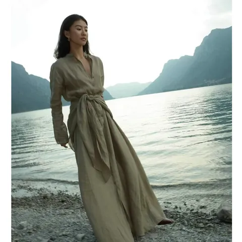 Spaans Niche Artistiek Vintage Ramie Maxi-jurk Chinese Opstaande Kraag Wikkeltaille met Strik Lange Mouw Effen Kleur Geweven Lange Jurk voor Dames