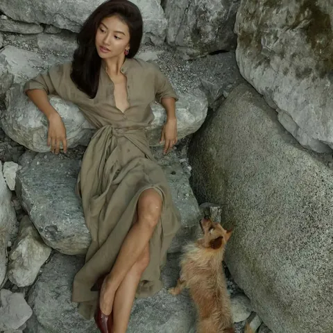 Spaans Niche Artistiek Vintage Ramie Maxi-jurk Chinese Opstaande Kraag Wikkeltaille met Strik Lange Mouw Effen Kleur Geweven Lange Jurk voor Dames