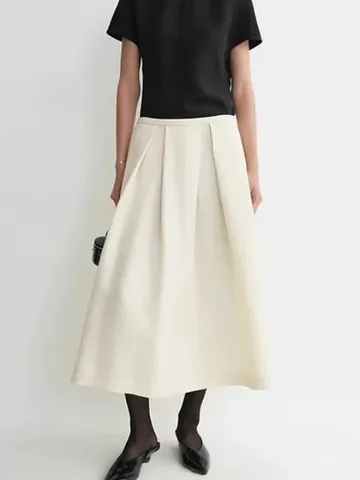 Elegant Silk Wool Blend Pleated A-Line Midi Skirt For Women High Waist Minimalist Office Style Skirt For Spring Summer