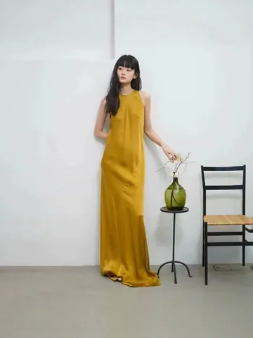 Vestito Maxi Senza Maniche in Seta Cupro Minimalista Spagnolo per Donna Elegante Vestito da Sera in Misto Cupro Viscosa