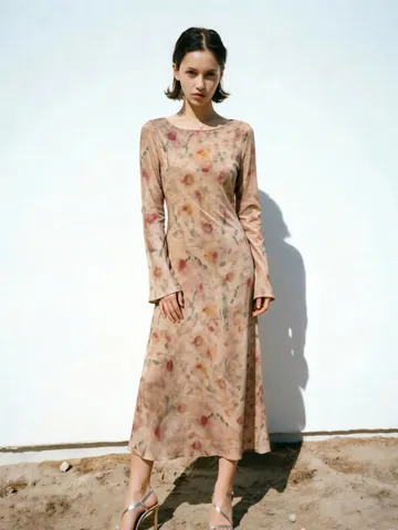 Vestido Maxi de Mujer 100% Seda Elegante Estampado Floral Acuarela Rosa Nube Manga Larga Cuello Redondo Cintura Recta Verano