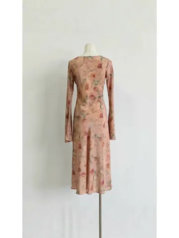 Vestido Maxi de Mujer 100% Seda Elegante Estampado Floral Acuarela Rosa Nube Manga Larga Cuello Redondo Cintura Recta Verano