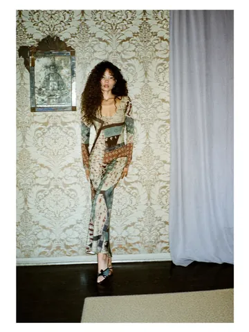 Franse Retro Schuine Snit Zijden Print Maxi Jurk U-Hals Slim Fit Vakantie Lange Mouw Moerbeizijde Crepe Jurk Voor Vrouwen