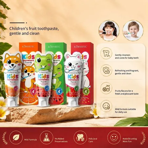 Pasta de Dientes para Niños KORMESIC con Flúor Anticaries Sabor Fruta Naranja Sandía Fresa Cuidado Oral Limpieza Suave Diseño Dibujos