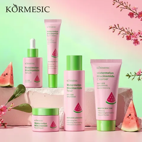 KORMESIC Watermelon Niacinamide Skincare Set For Face Hydrating Brightening Moisturizing Toner Serum Cream Cleanser Eye Cream