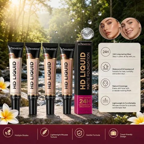 KORMESIC HD Liquid Matte Foundation 24H Waterproof Sweatproof Long Lasting Oil Control Concealer 30g Lightweight Mousse Texture