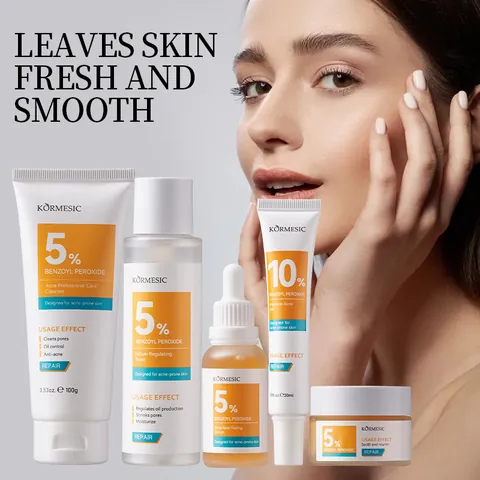KORMESIC Benzoyl Peroxide Facial Skincare Series Cleanser Toner Serum Cream And Acne Gel For Acne Prone Skin Care Repair