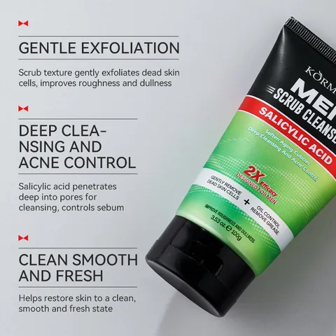 KORMESIC Men Salicylic Acid Scrub Cleanser Deep Cleansing Oil Control Acne Care Face Wash Exfoliating Keratin Softening Skincare