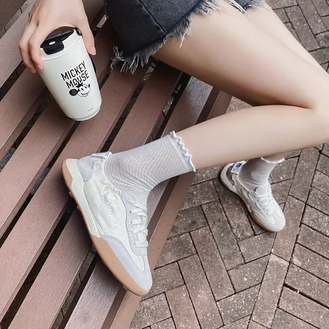 Women's Ballet Style German Trainer Shoes Pigskin Fabric Stitching Casual Breathable Color Block Lightweight Fashion Sneakers