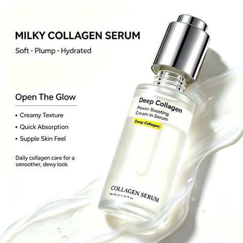 Deep Collagen Power Boosting Facial Serum Hydrating Firming Skin Care Essence With Glass Dropper Bottle For Women Daily Use