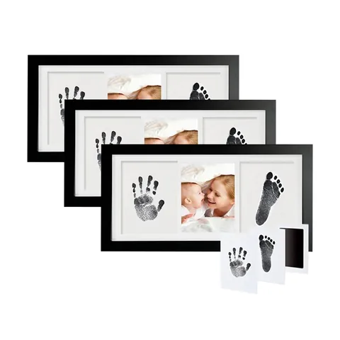 Kit de Cadre Photo Empreinte Bébé DIY MDF Bois Trois Fenêtres Cadeau Souvenir Avec Tampon Encreur pour Nouveau-né Animal