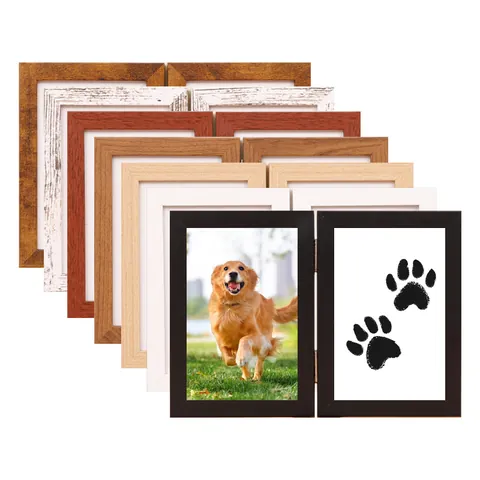 Wood Double Folding Pet Memorial Photo Frame Dog Cat Paw Print DIY Souvenir Keepsake Desktop Decorative Picture Frame