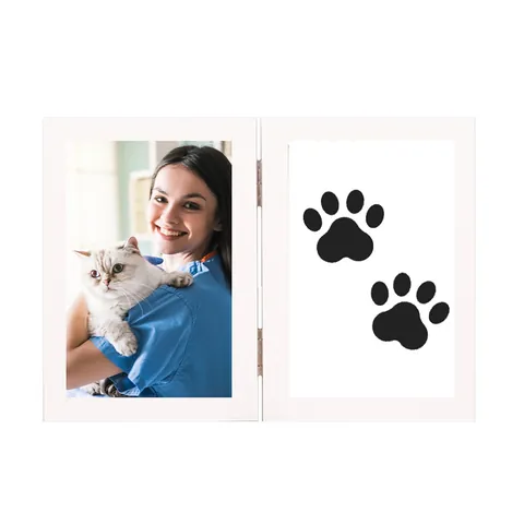 Wood Double Folding Pet Memorial Photo Frame Dog Cat Paw Print DIY Souvenir Keepsake Desktop Decorative Picture Frame