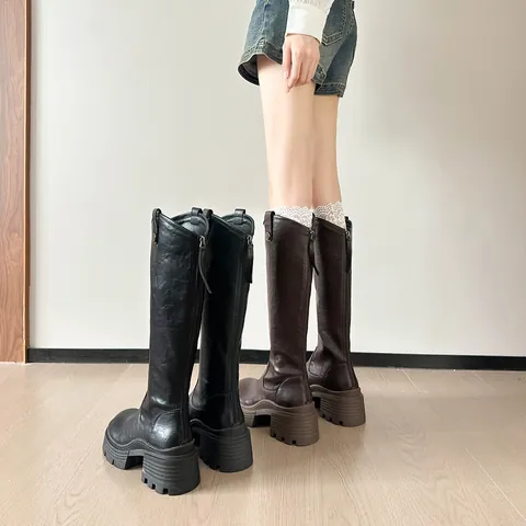 Women Knight Boots 7.5 Thick Sole Block Heel Microfiber Leather PU Knee High Boots Retro Slimming Long Boots Back Zipper