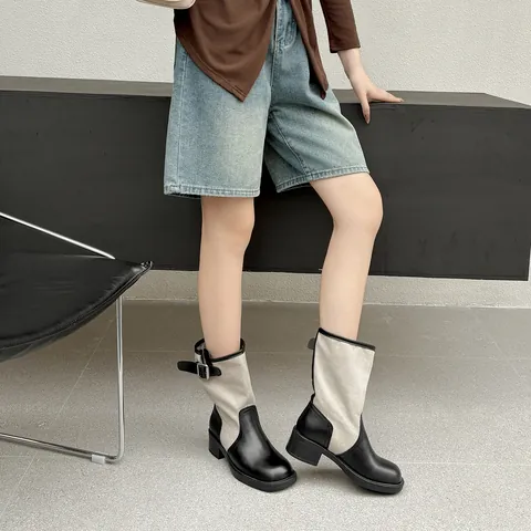 Vintage Western Cowboy Boots For Women Foldable Two-Way Wear Patchwork Canvas PU Mid-Calf Knight Boots Color Block Chunky Heel Boots
