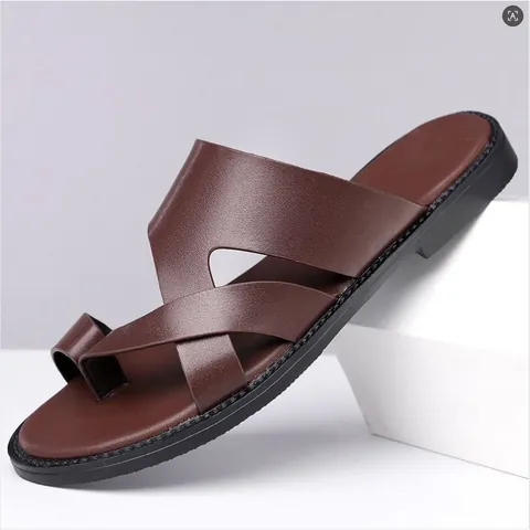 Men's Plus Size Cowhide Toe Ring Sandals Summer Beach Cross Strap Slides Non-Slip Casual Leather Slippers Brown Black