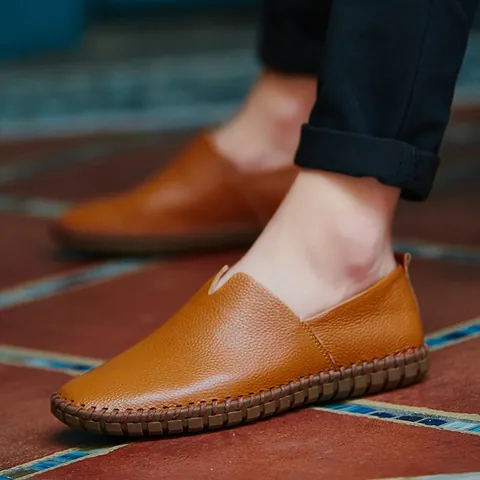 Men Casual Loafers Top Layer Cowhide Leather Slip-On Shoes Handmade Stitching Breathable Large Size Flat Walking Shoes
