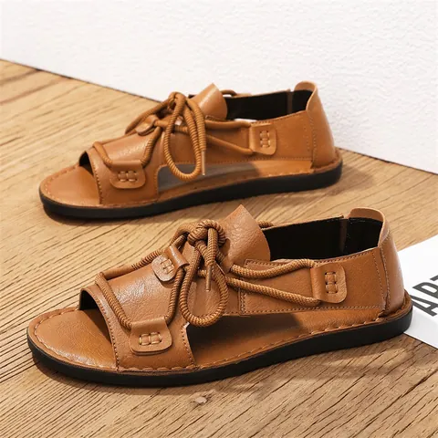 Men Casual Outdoor Microfiber Leather Sandals Summer High-End Fashion Rope Lace Beach Water Shoes Breathable Non-Slip Rubber Sole