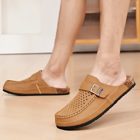 Herren Casual Echtes Leder Sandalen Hohl Atmungsaktiv Mules Schuhe Mit Kork Einlegesohle Gummiboden Sommer Strand Hausschuhe