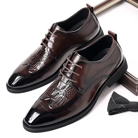 Scarpe in Pelle Formali da Uomo Business Stile Britannico Intaglio Brogue Motivo Coccodrillo Stringate Oxford Derby per Matrimonio Banchetto