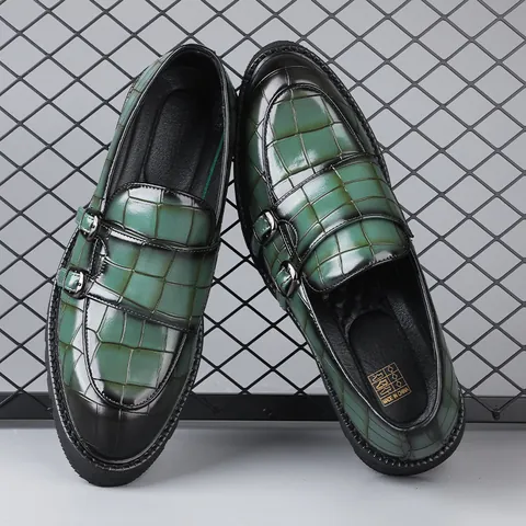 Men's British Style Double Monk Strap Casual Leather Shoes Crocodile Pattern Thick Sole Slip-on Loafers Fashion Non-slip