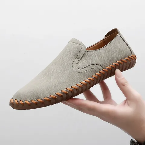 Men's Casual Leather Loafers Cowhide Microfiber Handmade Stitching Slip On Soft Sole Driving Shoes Large Size For Men