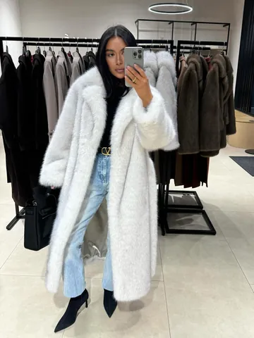 Damen Luxus Kunstpelz Mantel Extra Lang Winter Warm Dick Reverskragen Außenbekleidung Weiß Übergröße Pelzjacke