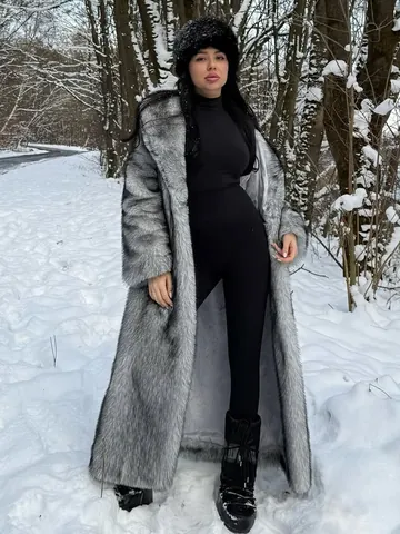 Damen Lang Fuchs-Pelzimitat Mantel Dick Warm Winterjacke Mit Schalkragen Kunstfell Oberbekleidung Für Kalte Outdoor Mode
