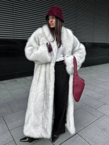 Damen Luxus Kunstpelz Mantel Extra Lang Winter Warm Dick Reverskragen Außenbekleidung Weiß Übergröße Pelzjacke