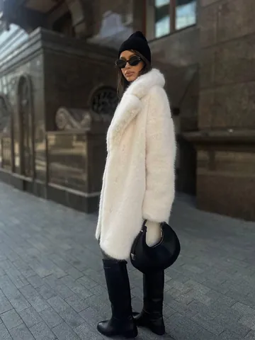 Damen Langer Kunstpelzmantel Reverskragen Elegant Flauschiger Fuchspelz-Stil Überzieher Warme Winteroberbekleidung Casual Jacke