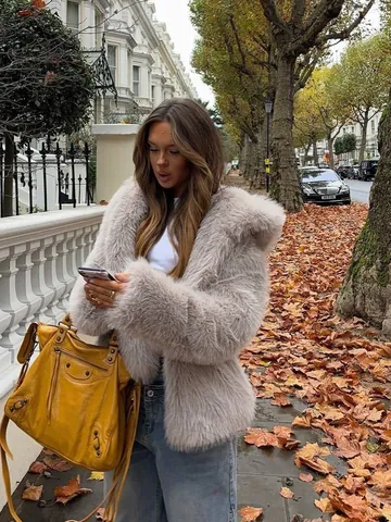 Damen Fuchspelz-Imitat Jacke Mit Kapuze Herbst Winter Plüsch Oberbekleidung Lässiger Einfarbiger Kunstpelzmantel Für Damen