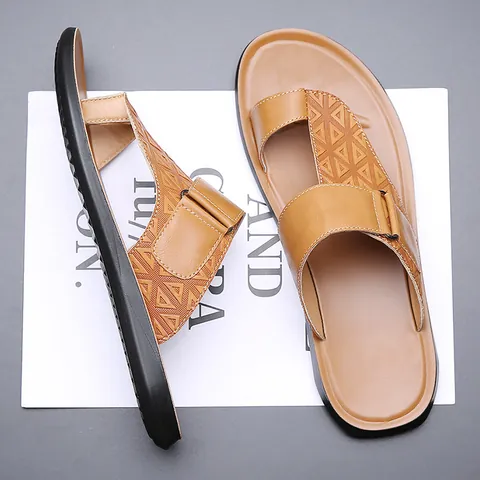 Heren Rundleer Sandalen Zomer Mode Geometrische Reliëf Strand Schoenen Casual Open Teen Antislip Rubberen Zool Sandalen Voor Mannen