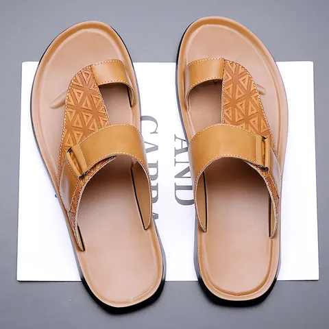Heren Rundleer Sandalen Zomer Mode Geometrische Reliëf Strand Schoenen Casual Open Teen Antislip Rubberen Zool Sandalen Voor Mannen