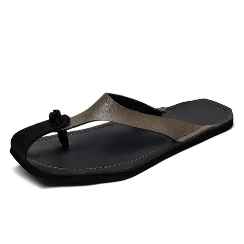 Herren Retro Rindsleder Flip-Flops Casual Sommer Strand Sandalen Quadratische Zehenpartie Weiche Sohle Rutschfest Outdoor Zehentrenner Herren
