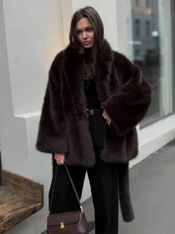 Damen Mittellang Kunstfuchs Pelzmantel Mit Gürtel Winter Warm Kunstpelz Mantel Anzugkragen Langarm Oberbekleidung