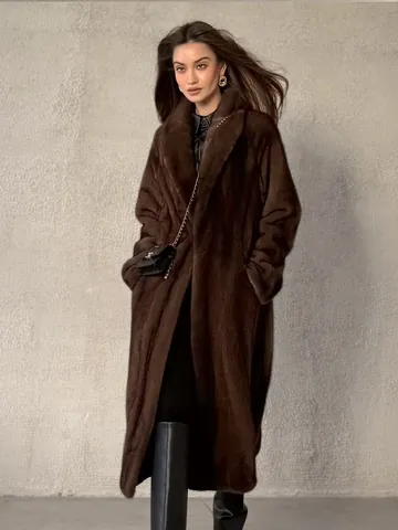 Women's Extra Long Faux Fur Coat Winter Warm Mink-Like Hair Overcoat With Belt Dark Brown Luxury Outerwear