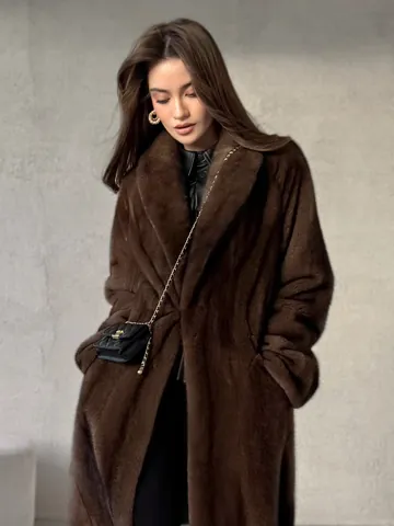 Women's Extra Long Faux Fur Coat Winter Warm Mink-Like Hair Overcoat With Belt Dark Brown Luxury Outerwear