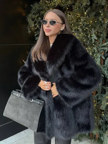 Damen Mittellanger Kunstpelzmantel Luxuriöser Schalkragen Schwarz Zotteliger Übermantel Warmer Wintermantel Im Russischen Stil