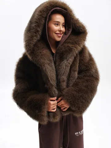 Damen Verdickter Kunstpelzmantel Mit Kapuze Winter Warm Kunstfuchspelz Jacke Einfarbig Dunkelbraun Streetwear Oberbekleidung