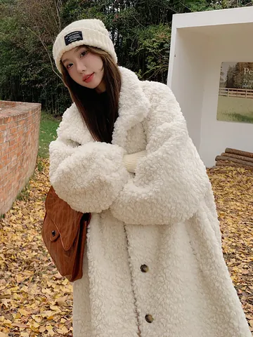 Women Extra Long Faux Fur Lamb Wool Coat Winter Stand Collar Button Up Plush Warm Solid Color Loose Streetwear Outerwear Top