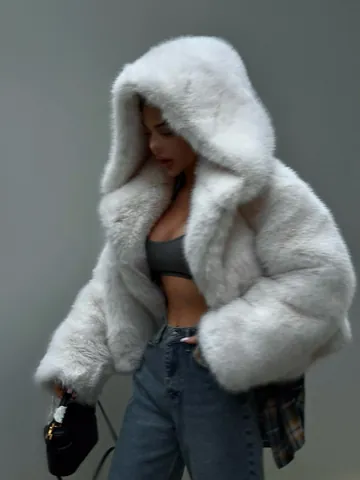 Damen Kapuzen Kunstfell Mantel Kurz Winter Dick Plüsch Jacke Kunstpelz Top Warme Oberbekleidung Für Frauen