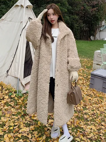 Women Extra Long Faux Fur Lamb Wool Coat Winter Stand Collar Button Up Plush Warm Solid Color Loose Streetwear Outerwear Top