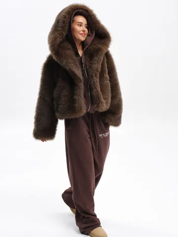 Damen Verdickter Kunstpelzmantel Mit Kapuze Winter Warm Kunstfuchspelz Jacke Einfarbig Dunkelbraun Streetwear Oberbekleidung