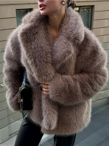 Damen Kunstpelzmantel Winter Warm Locker Künstlicher Fuchspelz Jacke Reverskragen Mittellang Oversized Plüsch Oberbekleidung Für Damen
