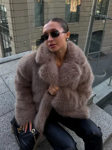 Damen Kunstpelzmantel Winter Warm Locker Künstlicher Fuchspelz Jacke Reverskragen Mittellang Oversized Plüsch Oberbekleidung Für Damen