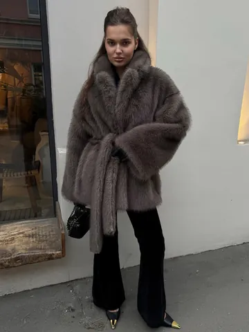 Damen Luxus Umweltfreundlicher Fuchspelzimitat Mantel Vintage Russischer Stil Reverskragen Mittellang Kunstpelz Jacke Mit Gürtel