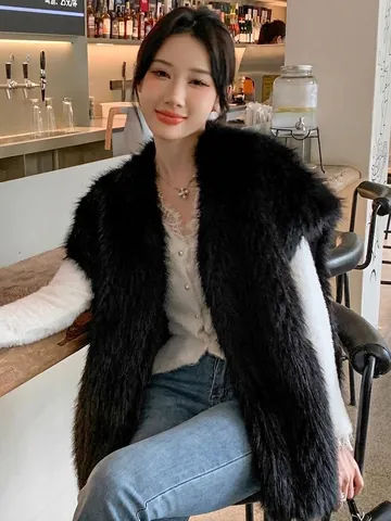 Damen Kunstpelz Weste Mittellang V-Ausschnitt Künstliche Fuchspelz Weste Elegant Winter Warm Ärmellos Kunstpelz Jacke Top