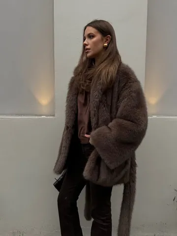 Damen Luxus Umweltfreundlicher Fuchspelzimitat Mantel Vintage Russischer Stil Reverskragen Mittellang Kunstpelz Jacke Mit Gürtel
